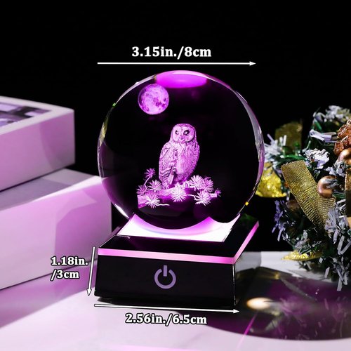 Arikyrist 3D Owl Crystal Ball Figurine - LED Base Night Light | Perfect Gift for Owl Lovers (80mm)