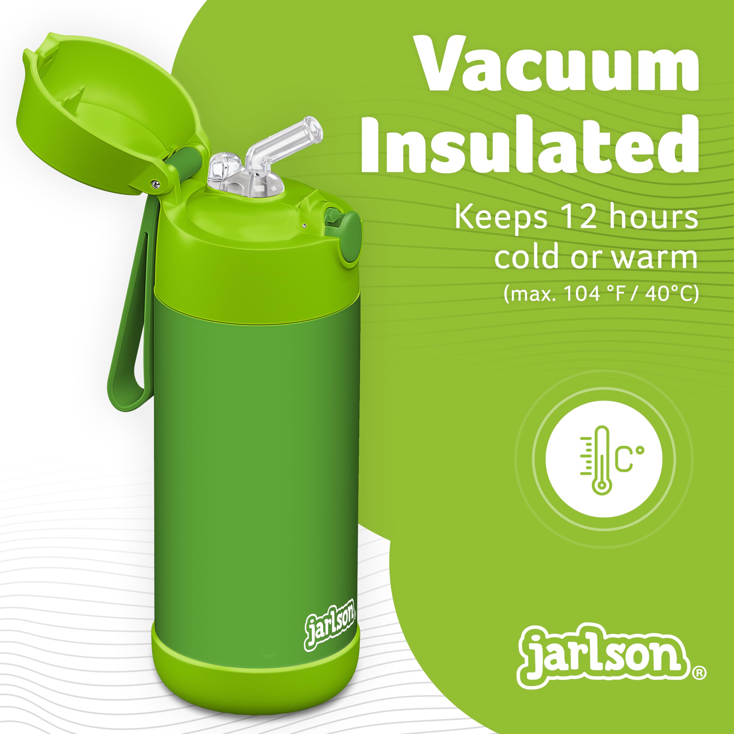 Jarlson® Kids Water Bottle CHARLI [12OZ] - Stainless Steel Thermo Bottle with Straw - Insulated, Spill Proof Waterbottle for School & Sports - Thermo Tumbler for Boys & Girls (Green)