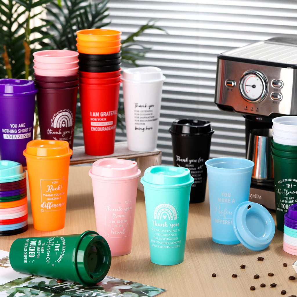 Skylety 30 Pcs Thank You Gifts 16 oz Coffee Cups Bulk Employee Appreciation CNA Week Gift Inspirational Tumbler with Lid Reusable Plastic Coffee Cup for Nurse Coworker Staff Women (Bright Colors)