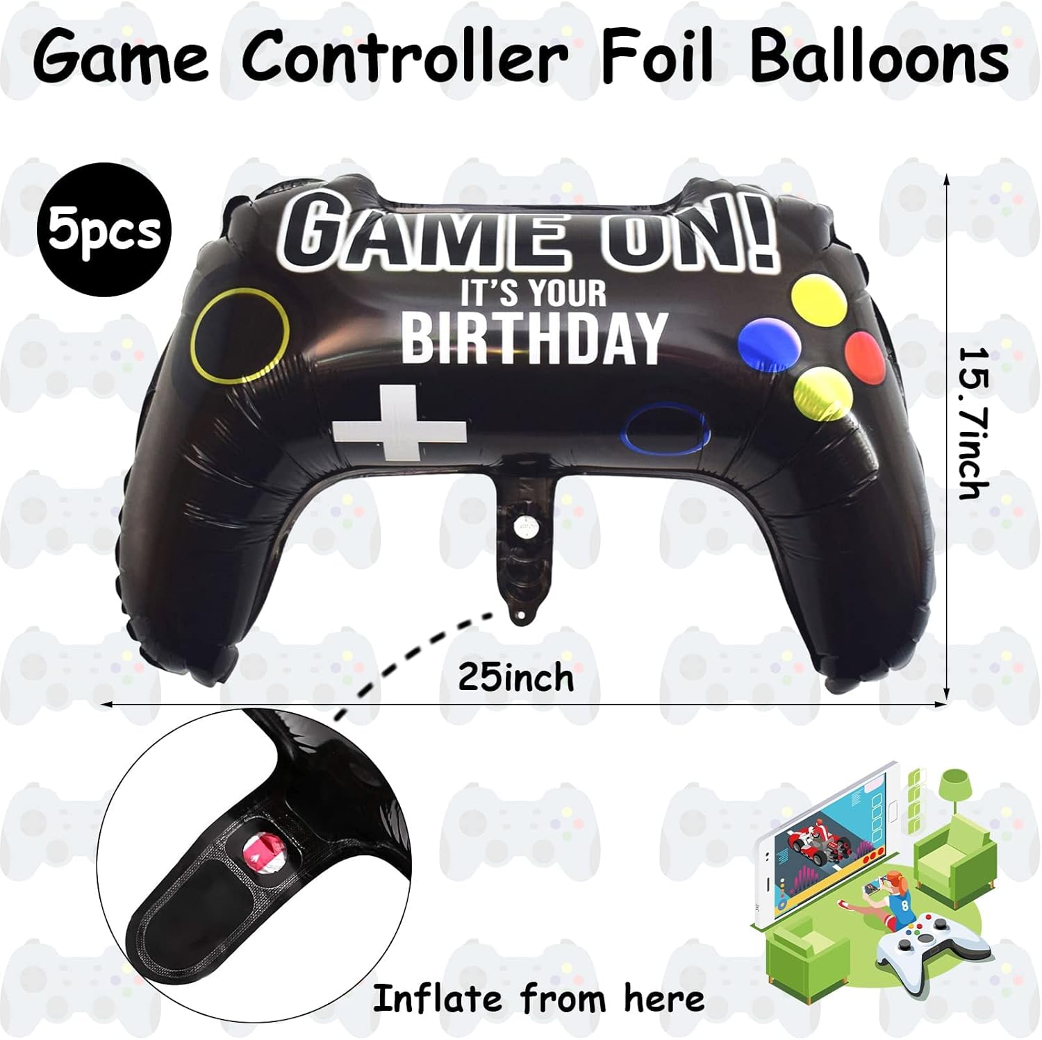 Skiennix Video Game Party Balloons - Giant Controller Mylar Foil Balloons | 5-Piece Set for Kids' Birthday Celebrations