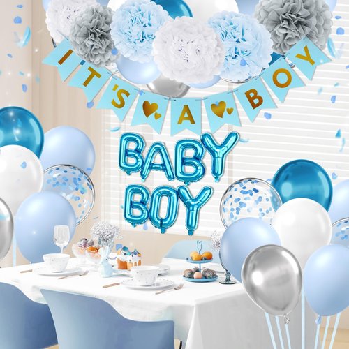 Blue Baby Shower Decorations with Grey Paper Pom Poms Metallic Silver Light Blue Balloons Banner for Gender Reveal Baby Shower Birthday Party Decorations
