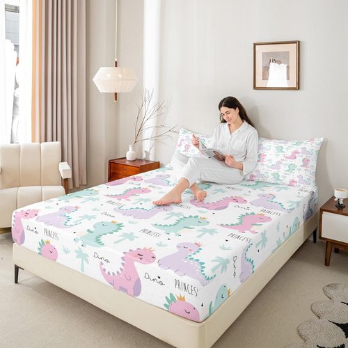 Dinosaur Fitted Sheet Pink Purple Dinos Bedding Set For Kids Girls Cartoon Bed Cover Jungle Safari Lovely Cute Animals Bed Sets Child Kawaii Room Decor With 1 Pillow Case Twin Size No Top Flat Sheet