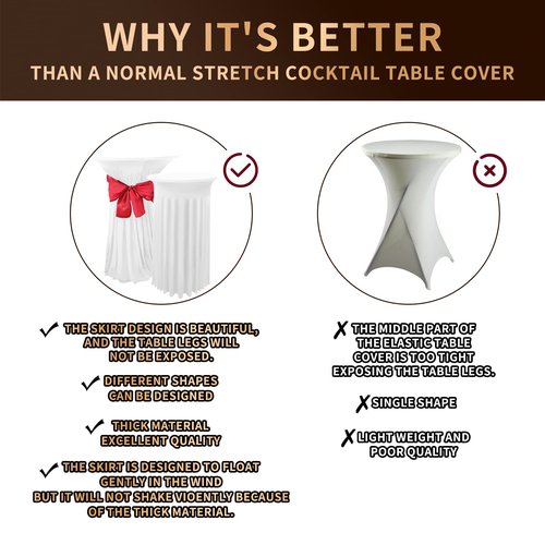 6 Packs Cocktail Table Covers White Cocktail Table Cloth 32"x 43" Spandex Stretch Small Round Tablecloth for 32in Table with Wavy Drapes Fitted High Top Table Cloth for Party Wedding Banquet Bar Table