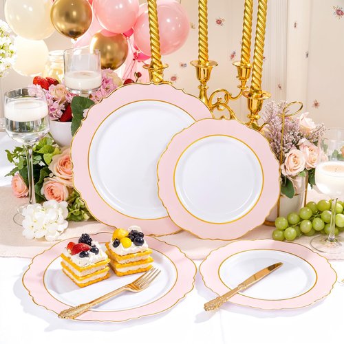 WDF 60pcs Pink Dessert Plates - 7.5inch Baroque Pink &White Disposable Dessert/Appetizer Small Cute Cake Plates for Upscale Parties &Wedding-Special for Baby Shower, Brithday, Easter