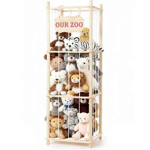 Stuffed Animal Storage & Organizer, Wooden Large Capacity Stuffed Animal Zoo with Elastic Cords, Sturdy Space-Saving Plushie Toy Shelf Cage Tower for Bedroom Playroom Nursery 54 in, Easy to Install