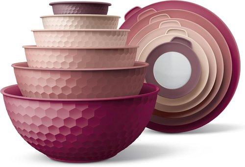 COOK WITH COLOR Mixing Bowls Set - 12-Piece Plastic Nesting Bowls with Lids, Microwave Safe, Rose Embossed