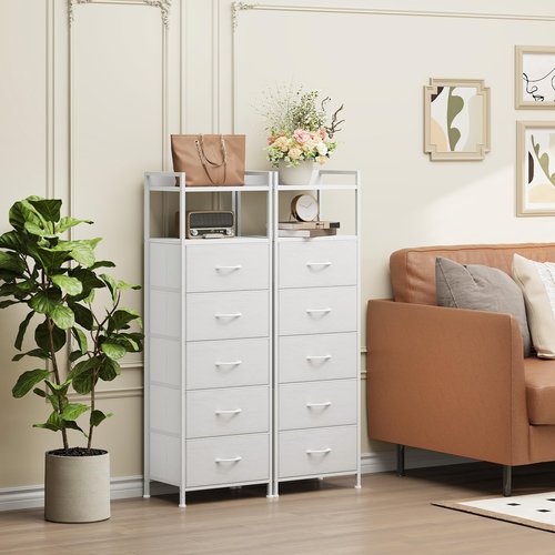 Somdot Tall Dresser for Bedroom, 5 Drawers Nightstand Vertical Storage Tower Unit, Night Stand Furniture with Fabric Drawer Organizer in Bedside Hallway, Entryway, Kids Room, Closet, White Leather