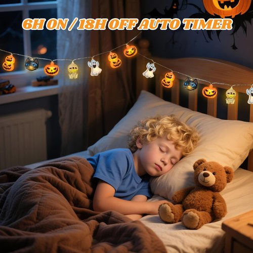 shuangjishan Halloween String Lights Indoor: 9.84 FT 20 LED Battery Operated Pumpkin Ghost Cat Lighted Decorations – 8 Modes Waterproof Timer for Window Porch House Room Bedroom Party Decor