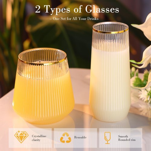 48 Pack Ribbed Plastic Wine Glasses – 24 x 9oz Stemless Champagne Flutes & 24 x 12oz Disposable Wine Glasses – Elegant Disposable Plastic Cups with Gold Rim – BPA-Free Drinkware for Weddings, Parties