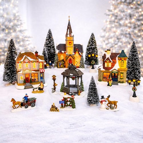 Moments In Time 20-Piece Lighted Christmas Village Set - Hand-Painted Holiday Display with LED Lights