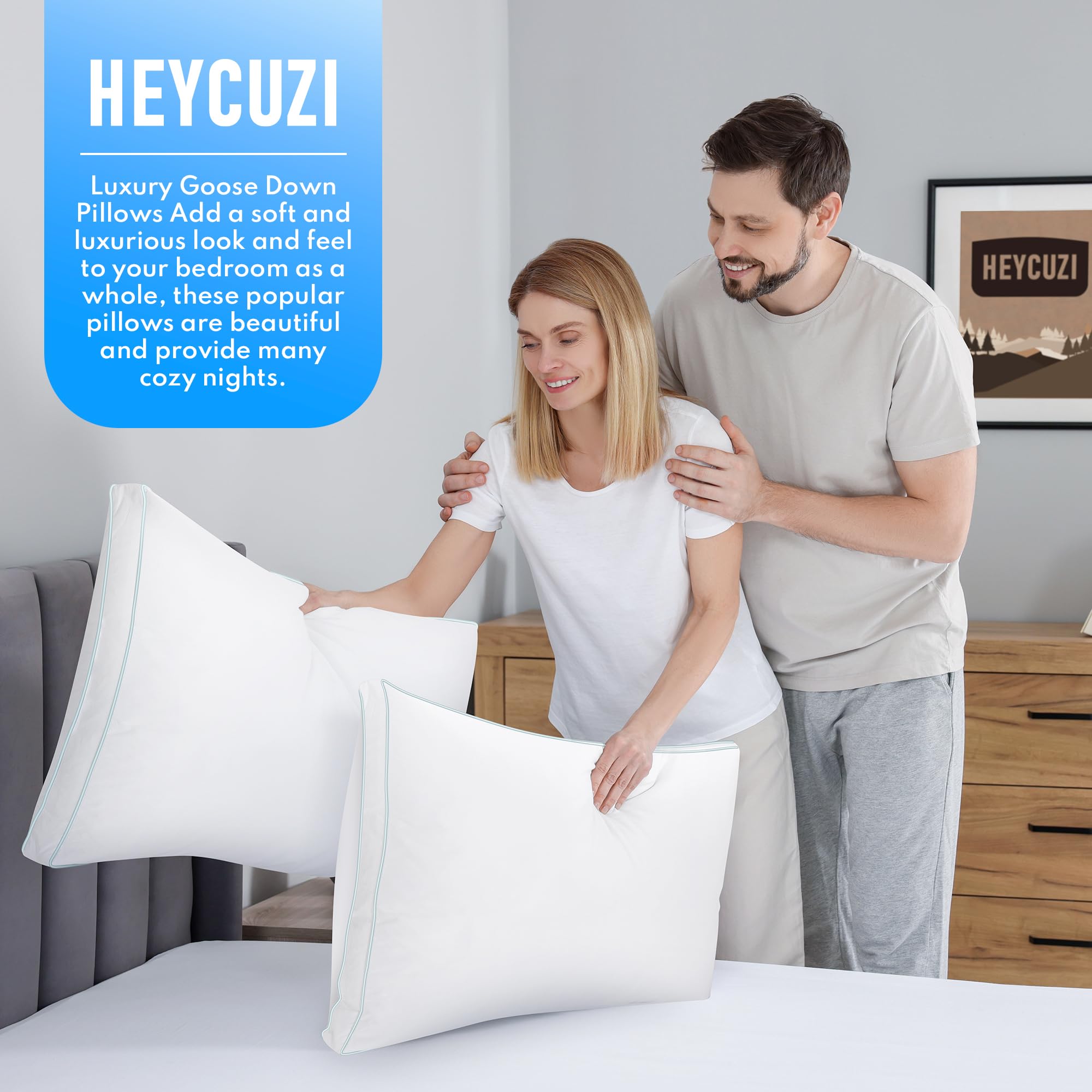 HEYCUZI Goose Feather Down Pillows - Bed Pillows Queen Size Set of 2 for Sleeping Hotel Soft, Cotton Cover Fluffy Support Gusseted Pillow for Side Back, Stomach,Sleepers White