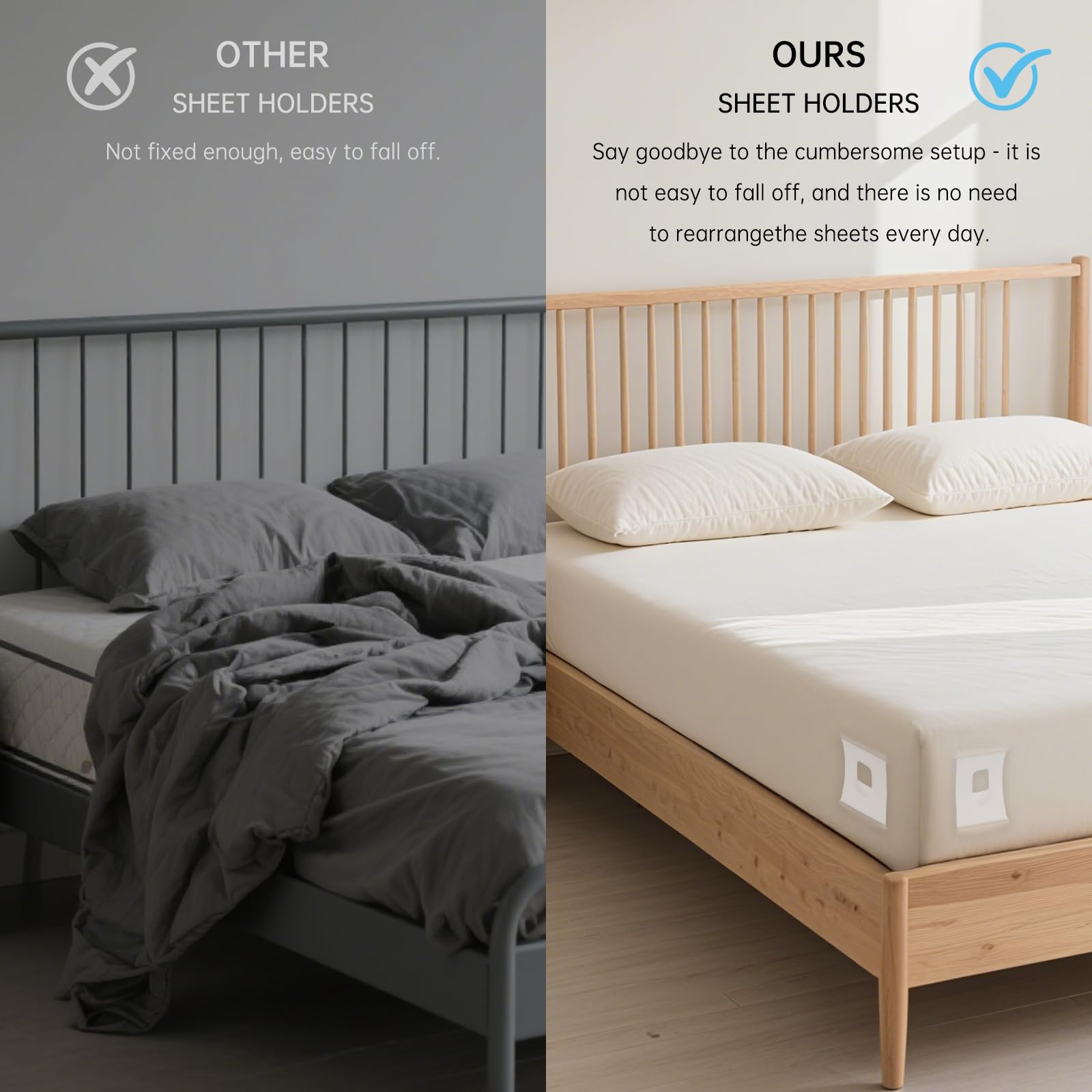 Upgrade Bed Sheet Holders for Corners: 4Pcs Fitted Lock Sheet Holders Keep Sheets Firm & Tight, Heavy Duty Bed Sheet Clips, with Clip Easy to Install for All Mattress Sizes - No More Loose Sheets