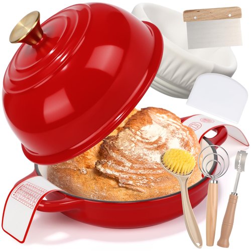 Reallnaive 8 Pcs Enameled Bread Dutch Oven with Lid for Sourdough Baking Oven Enameled Cast Iron Dutch Pot with Bread Proofing Basket Baking Supplies Set for Kitchen Homemade Roasting(Red,5 Quart)