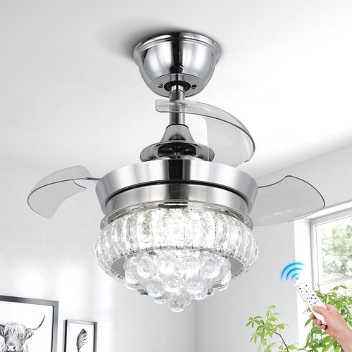 22" LED Crystal Ceiling Fan with Light Bedroom Small Fandeliers Dimmable 6 Speed Timing Chandeleir Fan with Lights for Bedroom Living Room (2201 Silver)