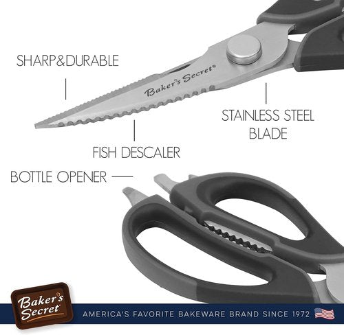 Baker's Secret Kitchen Scissors - 8.5" Stainless Steel Shears with Nut Cracker & Bottle Opener - Black Handle