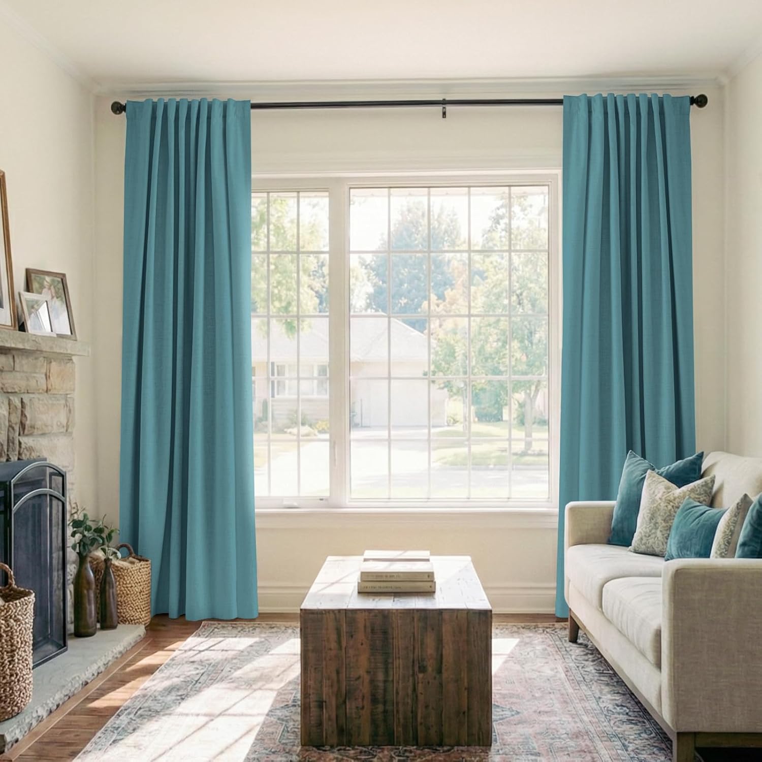 Skiennix 100% Blackout Linen Curtains - Thermal Insulated Drapes, 2 Panels Set, 50" W x 108" L, Dark Cyan