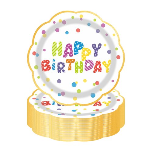 LDFDRT 7inch White and Gold Happy Birthday Paper Plates 50 pcs Party Decorations Rainbow Cake Dessert Plates Disposable Dinnerware Tableware for Birthday Party Supplies