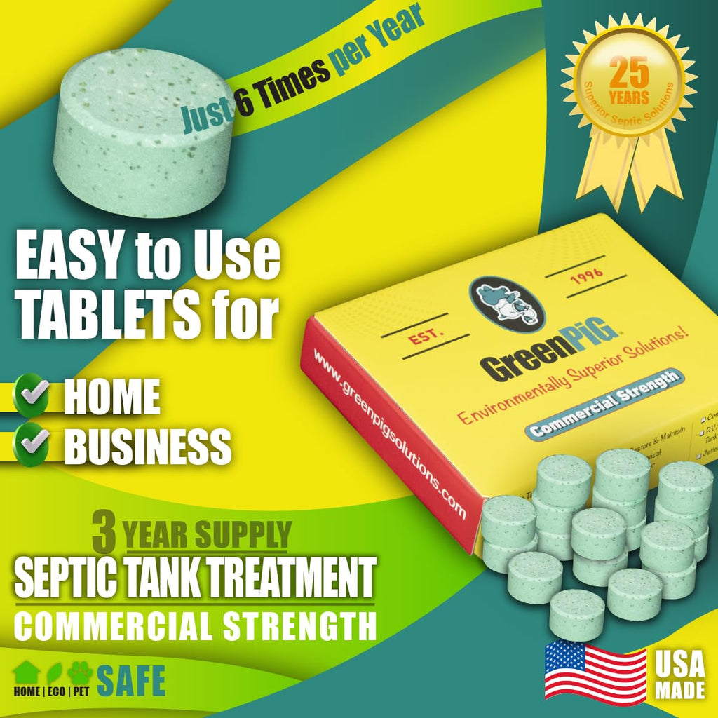 Green Pig Septic Tank Treatment Pucks – Enzyme & Bacteria-Based Treatment for Preventative Septic Maintenance, Helps Reduce Odors & Buildup, 3-Year Supply (18 Pucks)
