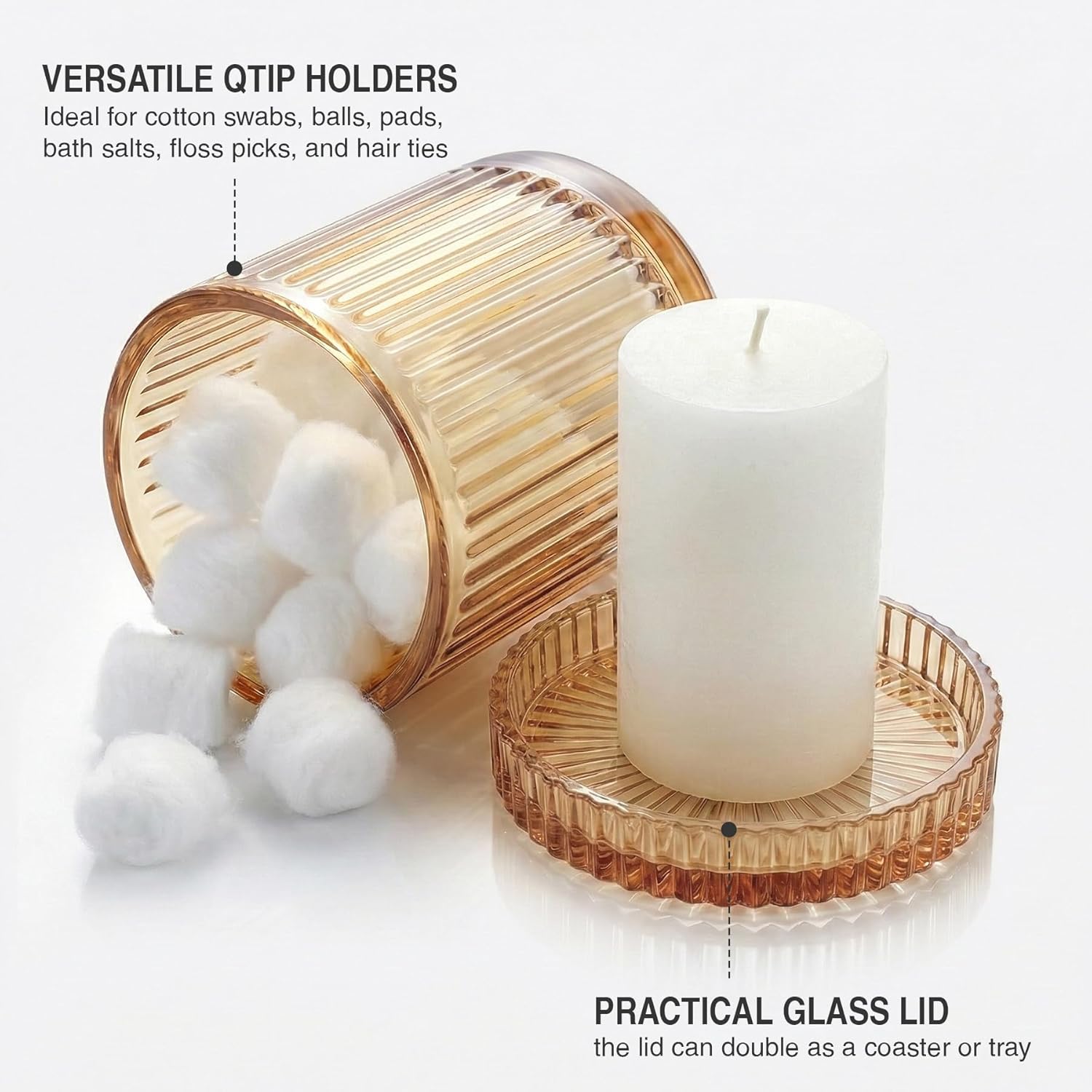 Skiennix Glass Qtip Holder Dispenser - 2 Pack Bathroom Organizer for Cotton Swabs & Makeup Essentials | Amber