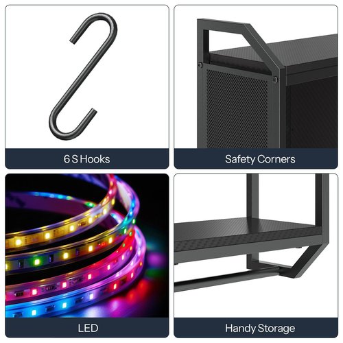 HOOBRO Gaming Floating Shelves with LED Lights, 28.7" LED Wall Mounted Shelf, 3-Tier Display Rack for Wall Storage, Floating Rack with Hanging Rod and 6 S-Hooks, for Gaming Room, Black BB70DBJ01