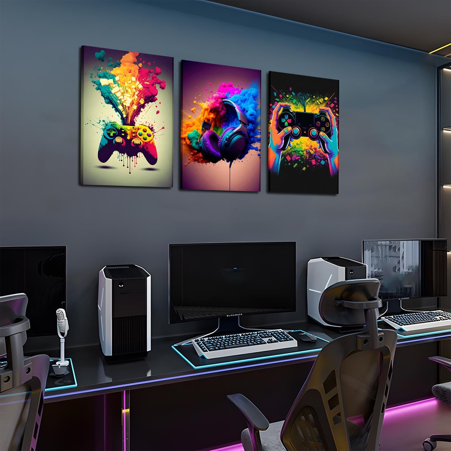 Skiennix Gaming Room Decor - Set of 3 Framed Canvas Posters for Boys' Bedrooms | 16x24 in