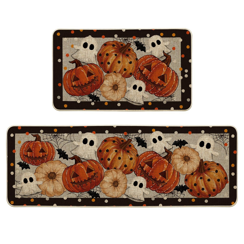 Artoid Mode Black Ghost Spooky Jack-O'-Lantern Pumpkin Halloween Kitchen Mats Set of 2, Low-Profile Home Decor Kitchen Rugs for Floor - 17x29 and 17x47 Inch