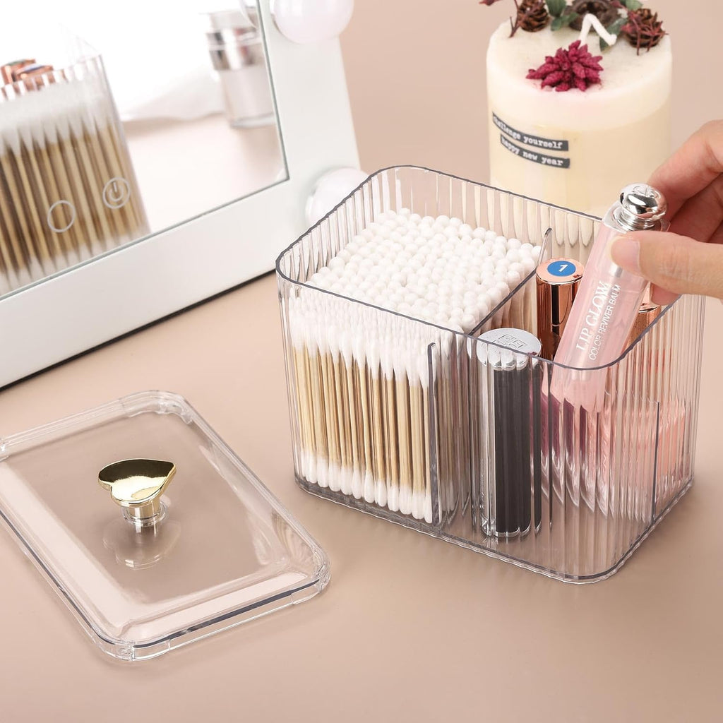 Tbestmax Qtip Holder Dispenser - Clear 3-Section Bathroom Organizer Jar for Cotton Swabs & Pads
