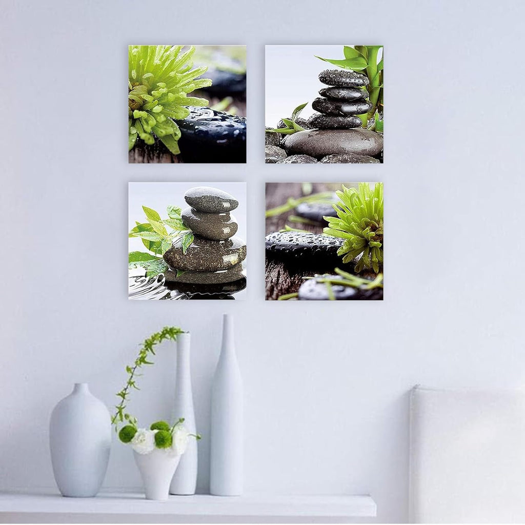Zen Art Bathroom Wall Decor - Framed Meditation Canvas Art | Calming Green Plant Pictures, Set of 4 (12" x 12")