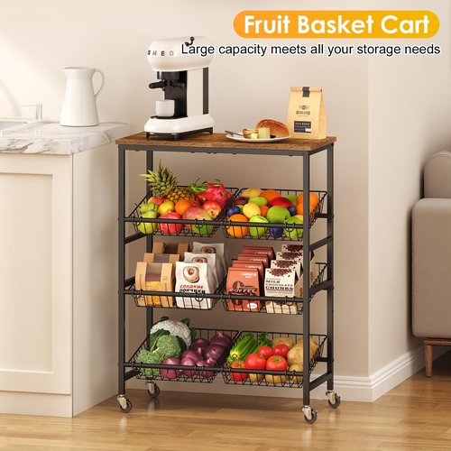 4-Tier Rolling Kitchen Storage Cart, Utility Kitchen Pantry Snack Organizer Cart with Wheels, Microwave Stand with Storage Shelf for Snack Fruit Vegetable Potato Onion, 6 Wire Basket and Wood Tabletop