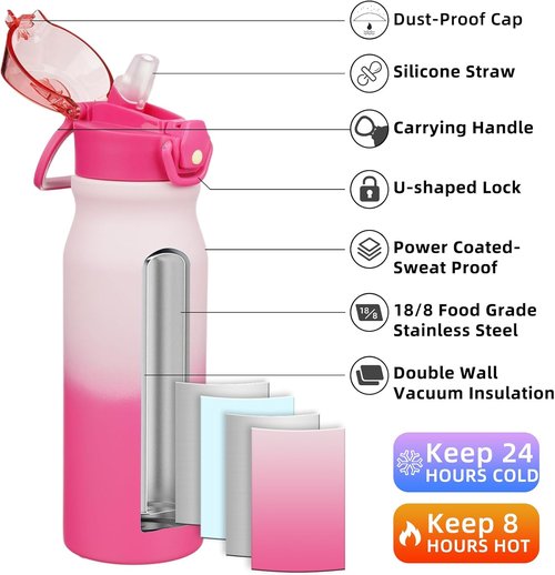 BJPKPK Insulated Water Bottle - 25oz Stainless Steel Flask with Straw & Carry Handle