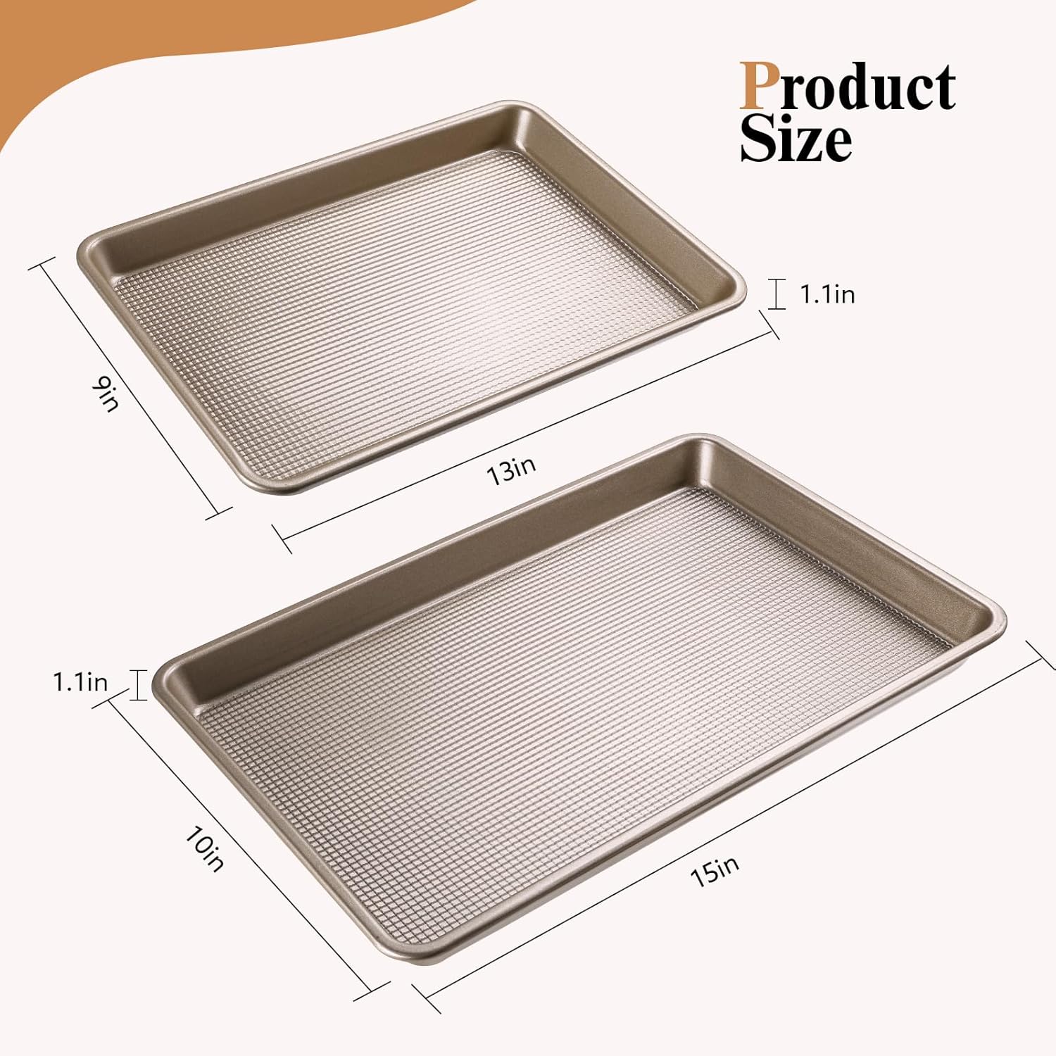 Skiennix Nonstick Baking Pan Set - Heavy Duty Cookie Sheets, 9x13in & 10x15in, Textured Gold Finish
