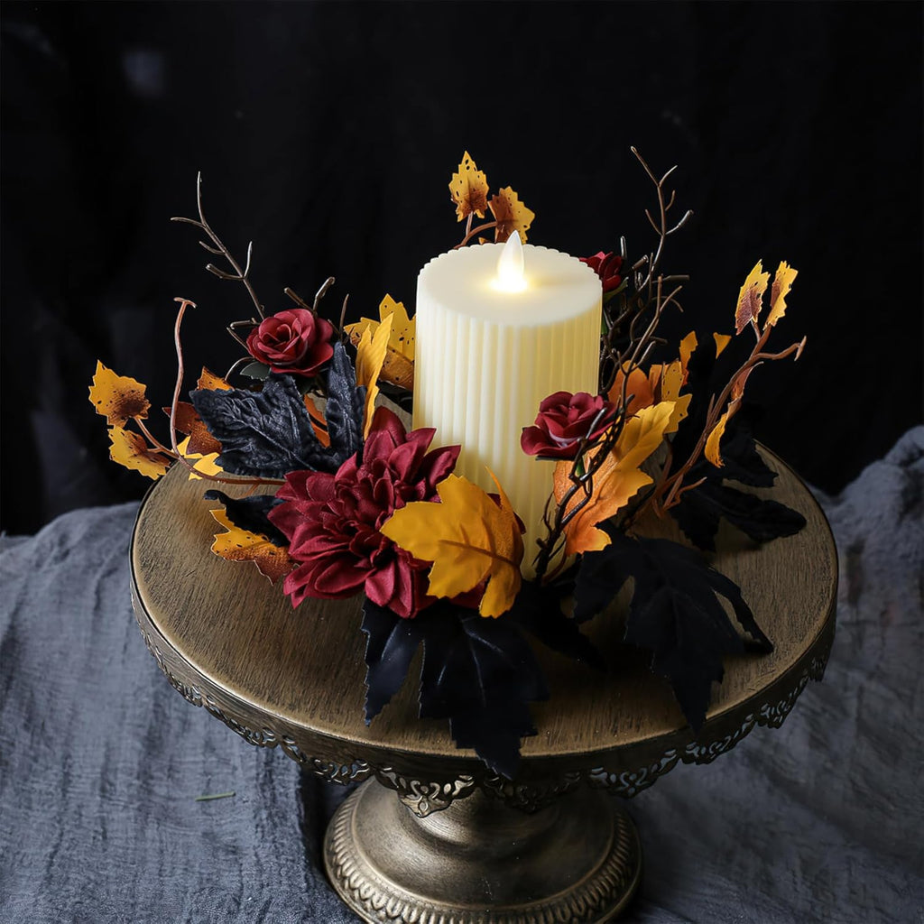 Regine Switzerland Halloween Candle Ring - Red Flowers & Artificial Maple Leaves | Perfect for Table Centerpieces