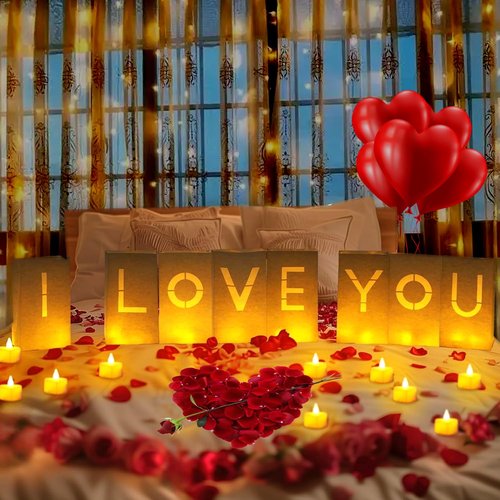 ARIKJ Valentines Day Decorations, Special Night Romantic Decorations - I Love You Light Up Letters Luminary Bags with Bright Flameless Tea Candles and Fake Rose Petals, Happy Anniversary