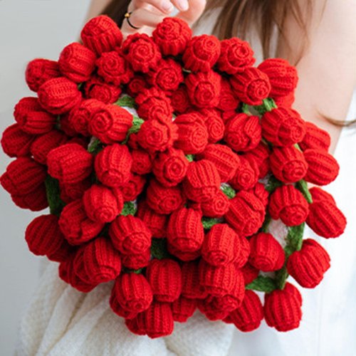 Lomxene Handmade Roses Flower Bouquet Blanket Crochet Red Flowers and Green Lace for Birthday Wedding Valentines Day Home Decor (Red 52 Roses - Finished)