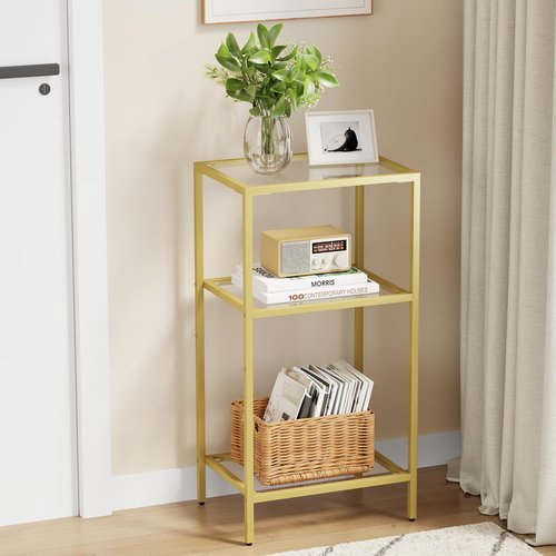 Draelibor Side Tables Set of 2, Tempered Glass End Table with Metal Frame, 3-Tier Small Nightstands with Storage Shelves,Tall Table Stand for Home Decor, Living Room, Bedroom, Office, Gold（2 Pack）
