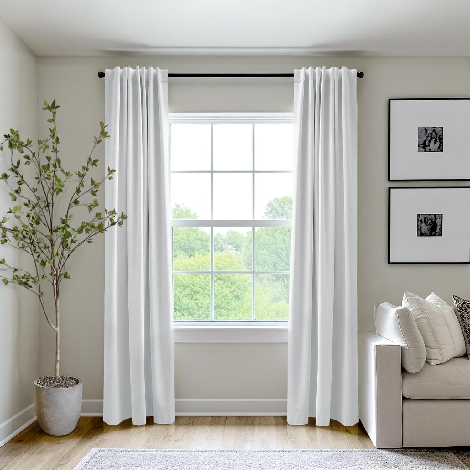 Skiennix 100% Blackout Curtains - Thermal Insulated Faux Linen | 84 Inch Length, 2 Panels Set in Bright White