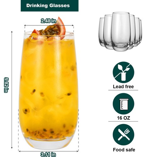 LuxMarbleMuse 6pcs Highball Glasses Set - 16 oz, Mojito Glass Cups, Collins Glassware Set