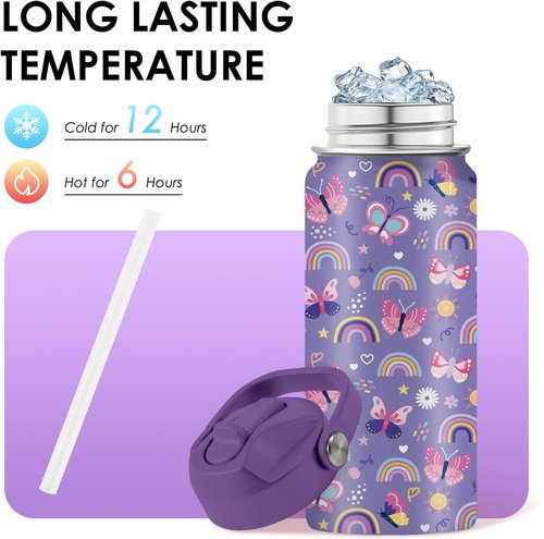 Butterfly Gifts 16oz Purple Kids Water Bottle - Insulated Stainless Steel, Leakproof & BPA-Free Tumbler for School & Travel