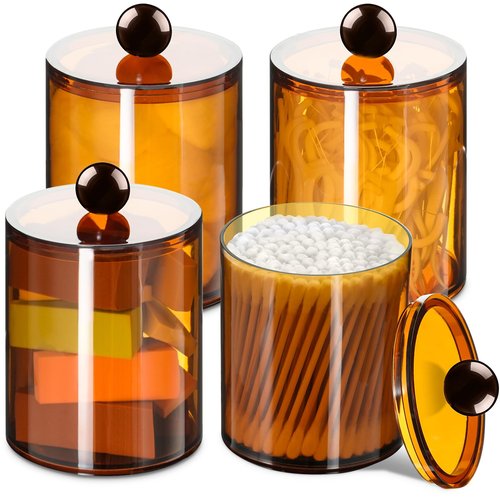 4 Pack Qtip Holder,Canister Apothecary Jar Set, Bathroom Jars with Lids Set for Cotton Swabs, Balls, Pads, Floss Picks,10oz-12oz Plastic Canisters Restroom Bedroom Vanity Organizer(Brown)