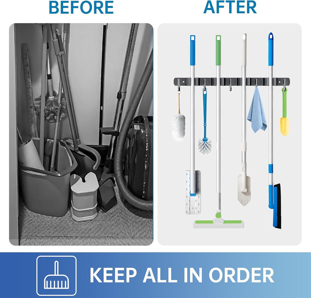 ZONGOOL Broom Holder Wall Mount - Heavy Duty 2 Pack Organizer with 4 Racks & 5 Hooks | Black