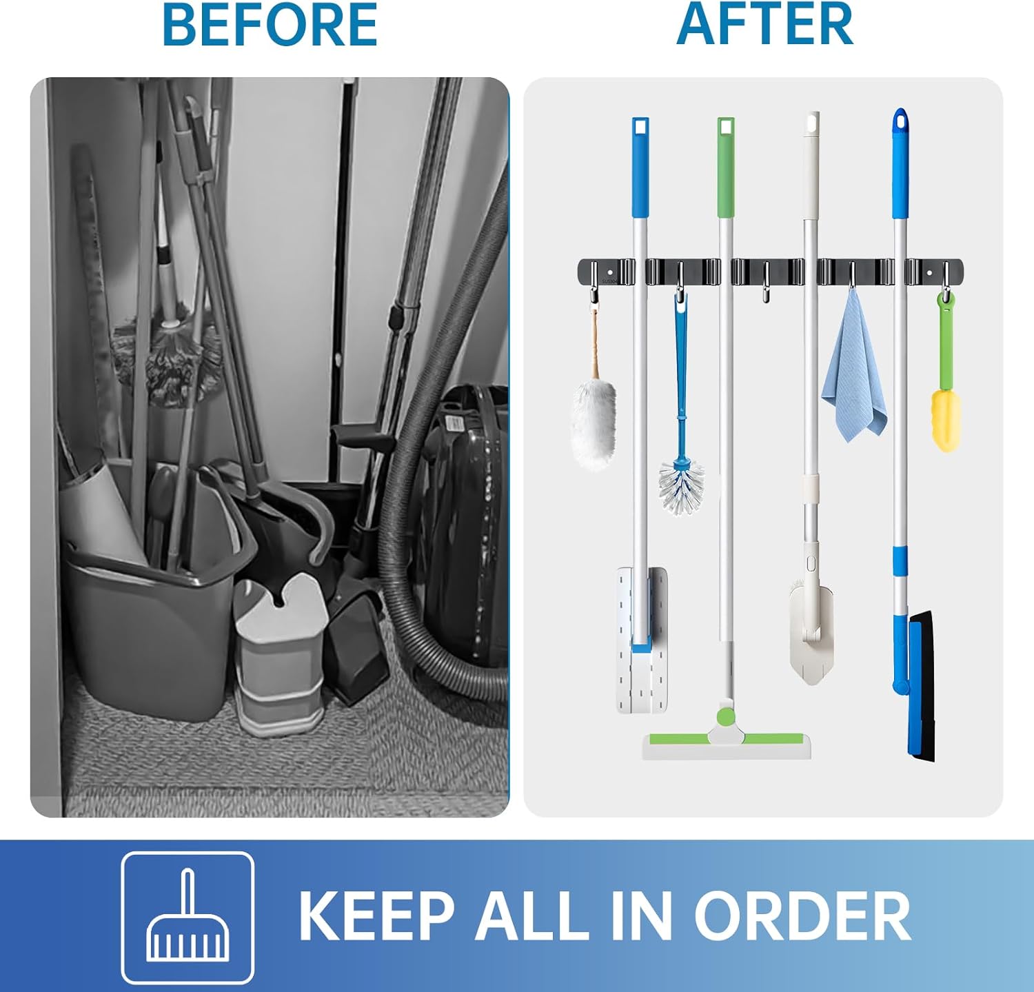 ZONGOOL Wall Mount Broom Holder - 4 Racks & 5 Hooks for Efficient Home Organization | Black