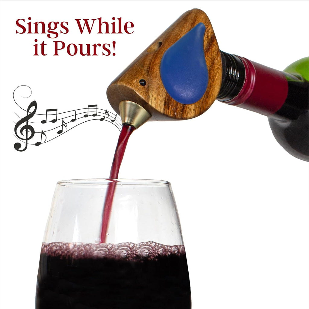 Songbird Specialties Wine Bottle Pourer, Fun Wine Pourer Spout Sings While It Pours, Airtight Wine Bottle Sealer, Acacia Wood with Blue Wings