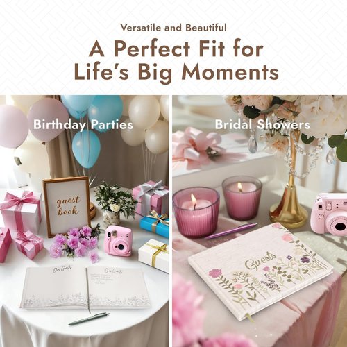 Linen Embroidered Photo Wedding Guest Book - Premium Hardcover Pink Polaroid Guestbook for Wedding Reception, Baby Shower, Bridal Shower, Funeral, Engagements -160 Pages for Notes 10.25" × 8.25"