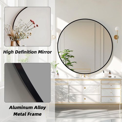 Mfring Round Black Mirror, 30 Inch Circle Black Mirror, Metal Frame Round Wall Mounted Mirrors for Bathroom, Living Room, Bedroom, Entryway, Vanity