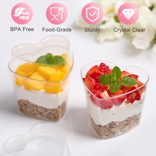 TOFLEN 100 Pack Heart Shaped Dessert Cups with Lids and Spoons, 5 oz Mini Plastic Shooter Cups for Parfait, Pudding, Fruit, Cheesecake, Mousse, Jello, Yogurt, Appetizer