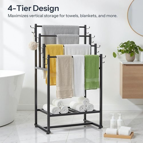 HOOBRO 4-Tier Free Standing Towel Rack for Bathroom, Blanket Rack Stand, 23.6" L x 15.9" W x 40.7" H, Freestanding Quilt Stand, Blanket Display Holder for Bedroom, Industrial Style, Black BK07LB01