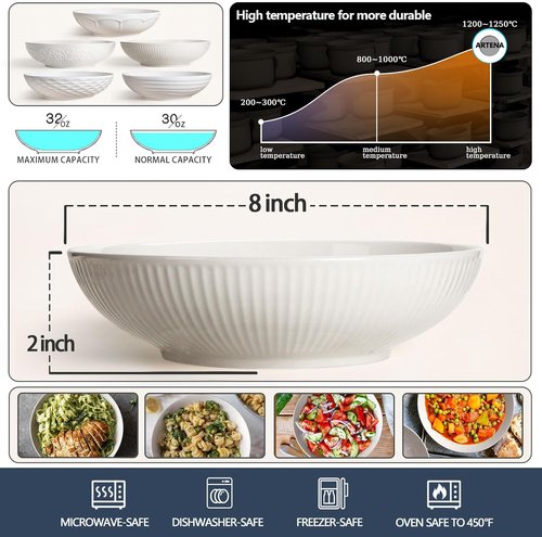 Artena Ceramic Pasta Bowls - 32oz Large Striped Salad Bowls Set of 4 | Microwave & Dishwasher Safe