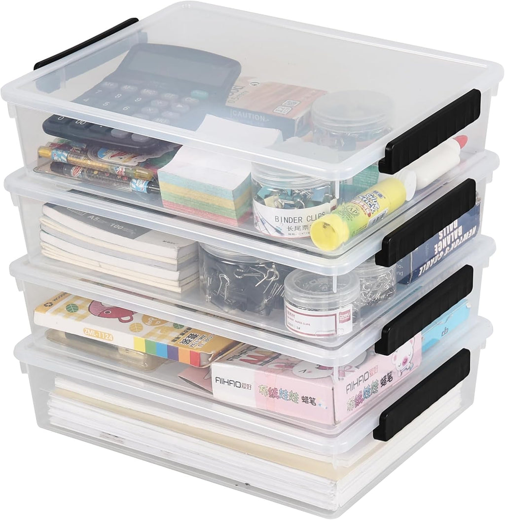 Wekioger Clear Flat Organizer Box - 6 Quart Plastic Storage Bins with Lids | 4 Pack