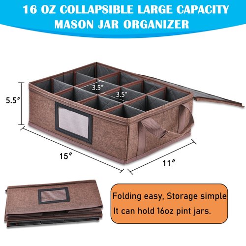 Geliwosy 16 oz Mason Jar Storage Containers - Sturdy Canning Jar Storage Boxes Organizer, Foldable Carrier Bag with Handles and Dividers, Holds 12 Pint Mason Jars, Home Canning Supplies (Pint)
