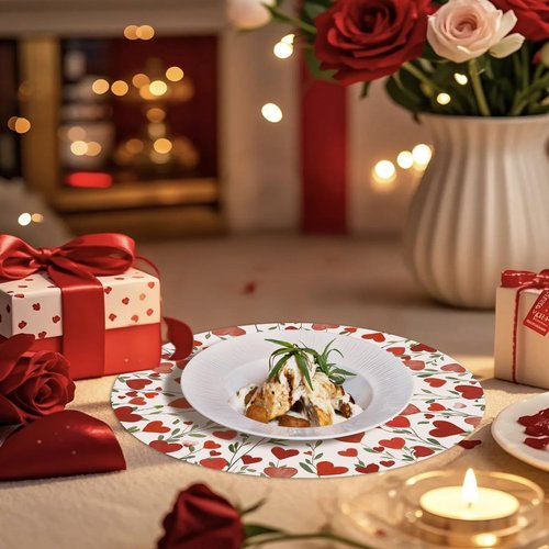 SMUAENSS 50Pcs Valentine's Day Disposable Round Paper Placemats - Red Pink Heart Wreath Design, Valentine's Day Dinner Table Mats Wedding Anniversary Party Table Decor